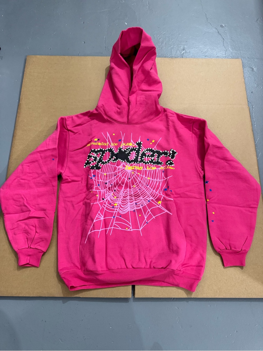 Men's Hot Pink Hooded Puffer Sweatshirt with Spider Web Graphic